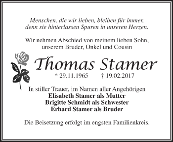 Traueranzeige von Thomas Stamer von Märkische Oderzeitung