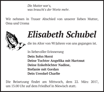 Traueranzeige von Elisabeth Schubel von Märkische Oderzeitung