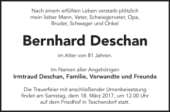 Traueranzeige von Bernhard Deschan von Märkische Oderzeitung