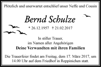 Traueranzeige von Bernd Schulze von Märkische Oderzeitung