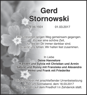 Traueranzeige von Gerd Stornowski von Märkische Oderzeitung