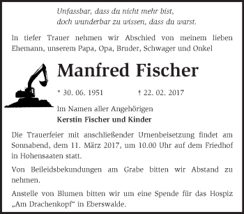 Traueranzeige von Manfred Fischer von Märkische Oderzeitung