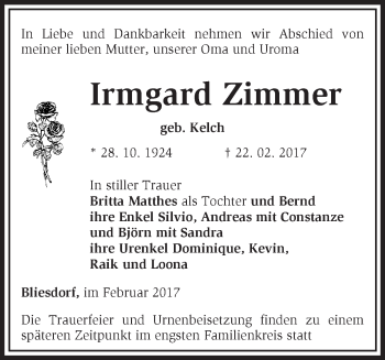 Traueranzeige von Irmgard Zimmer von Märkische Oderzeitung