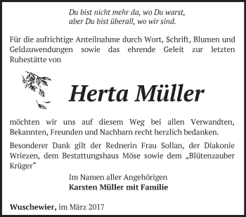 Traueranzeige von Herta Müller von Märkische Oderzeitung