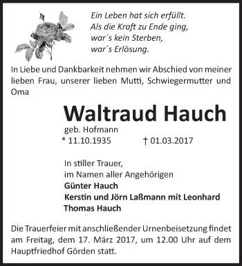 Traueranzeige von Waltraud Hauch von Märkische Oderzeitung