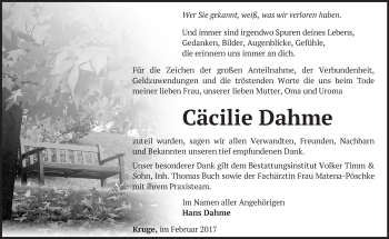 Traueranzeige von Cäcilie Dahme von Märkische Oderzeitung