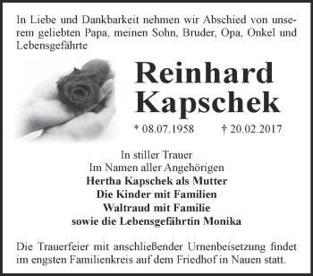 Traueranzeige von Reinhard Kapschek von Märkische Oderzeitung