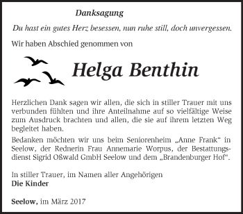 Traueranzeige von Helga Benthin von Märkische Oderzeitung