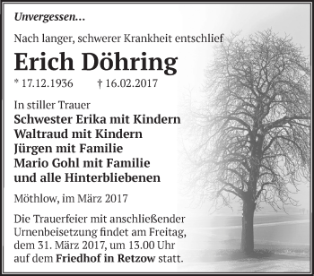 Traueranzeige von Erich Döhring von Märkische Oderzeitung