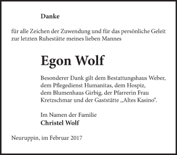 Traueranzeige von Egon Wolf von Märkische Oderzeitung