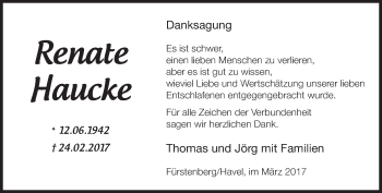 Traueranzeige von Renate Haucke von Märkische Oderzeitung