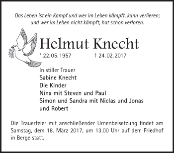 Traueranzeige von Helmut Knecht von Märkische Oderzeitung