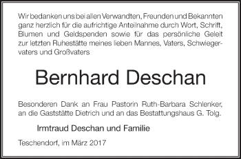 Traueranzeige von Bernhard Deschan von Märkische Oderzeitung