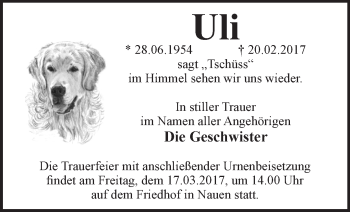 Traueranzeige von Uli  von Märkische Oderzeitung