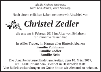 Traueranzeige von Christel Zedler von Märkische Oderzeitung