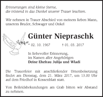 Traueranzeige von Günter Niepraschk von Märkische Oderzeitung