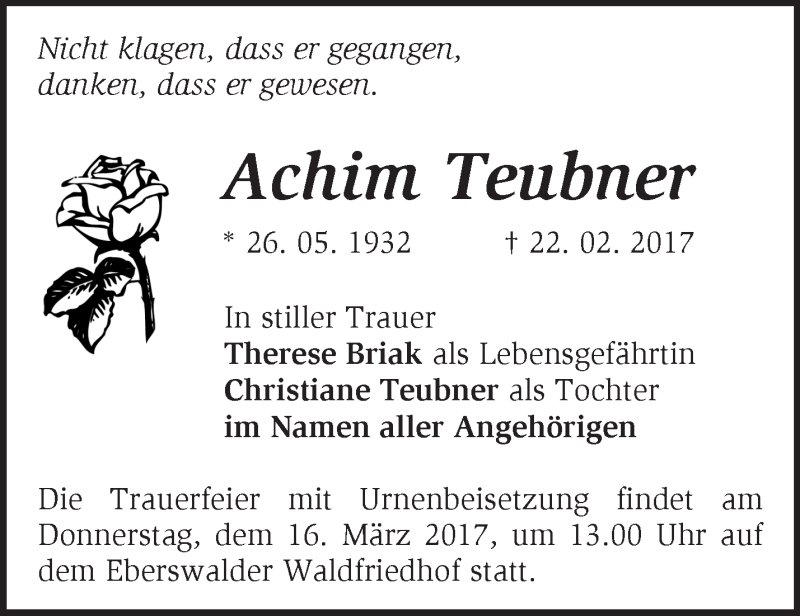  Traueranzeige für Achim Teubner vom 05.03.2017 aus Märkische Oderzeitung