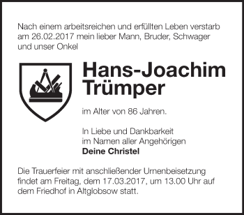 Traueranzeige von Hans-Joachim Trümper von Märkische Oderzeitung