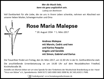 Traueranzeige von Rose Maria Malepse von Märkische Oderzeitung