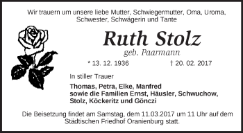 Traueranzeige von Ruth Stolz von Märkische Oderzeitung