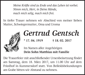 Traueranzeige von Gertrud Gentsch von Märkische Oderzeitung