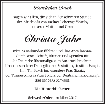 Traueranzeige von Christa Jahr von Märkische Oderzeitung