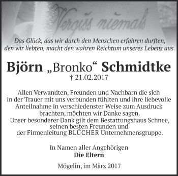 Traueranzeige von Björn Bronko Schmidtke von Märkische Oderzeitung