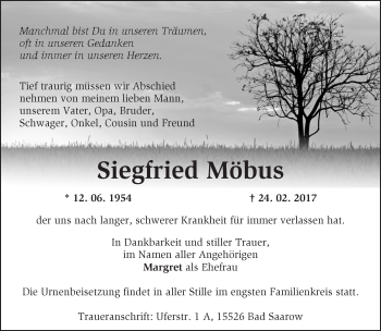 Traueranzeige von Siegfried Möbus von Märkische Oderzeitung