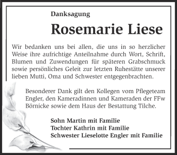 Traueranzeige von Rosemarie Liese von Märkische Oderzeitung