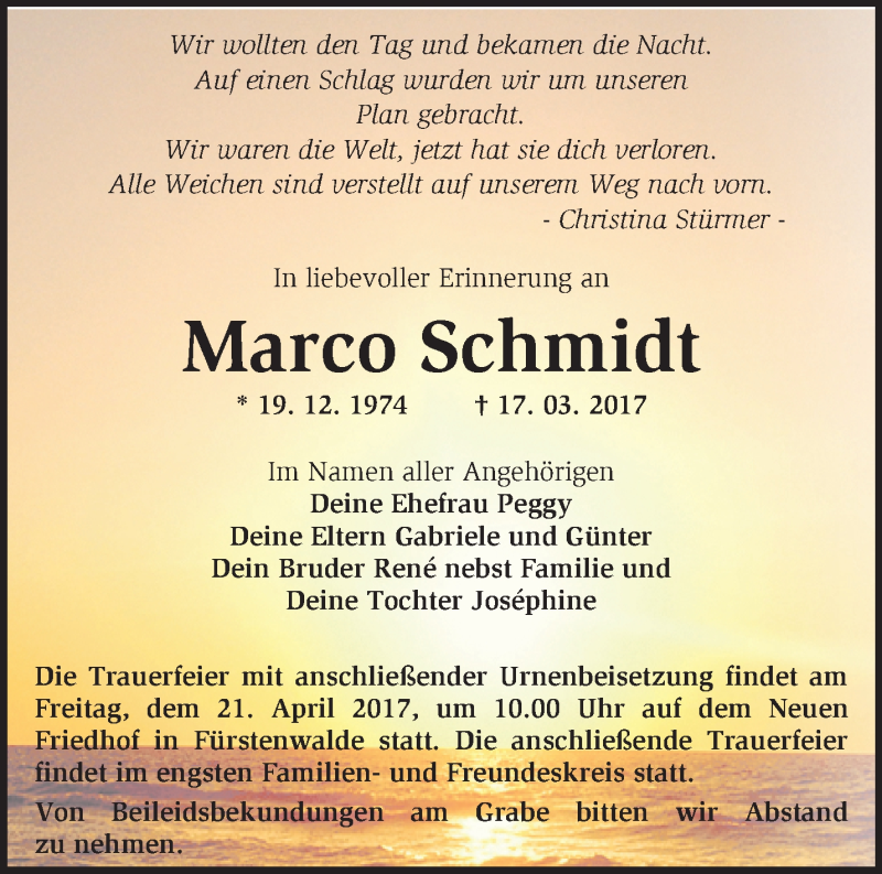  Traueranzeige für Marco Schmidt vom 15.04.2017 aus Märkische Oderzeitung