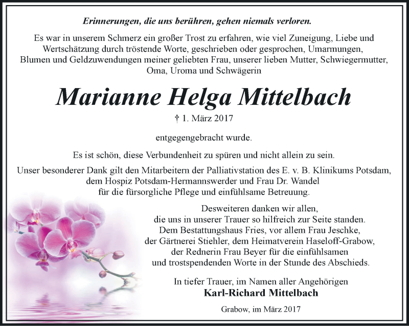  Traueranzeige für Marianne Helga Mittelbach vom 02.04.2017 aus Märkische Oderzeitung