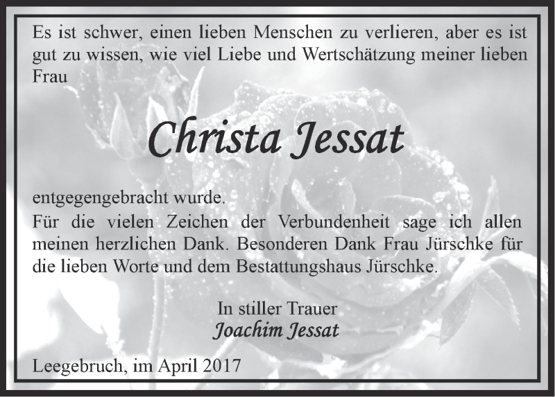 Traueranzeigen Von Christa Jessat Märkische Onlinezeitung Trauerportal 