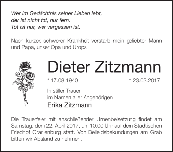 Traueranzeige von Dieter Zitzmann von Märkische Oderzeitung