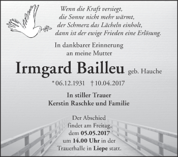 Traueranzeige von Irmgard Bailleu von Märkische Oderzeitung