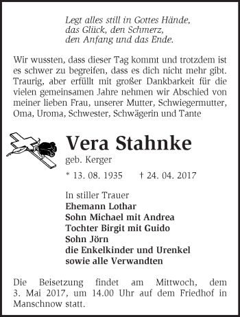 Traueranzeige von Vera Stahnke von Märkische Oderzeitung