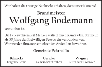 Traueranzeige von Wolfgang Bodemann von Märkische Oderzeitung