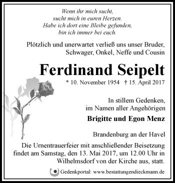 Traueranzeige von Ferdinand Seipelt von Märkische Oderzeitung