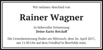 Traueranzeige von Rainer Wagner von Märkische Oderzeitung