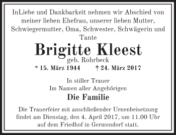 Traueranzeige von Brigitte Kleest von Märkische Oderzeitung