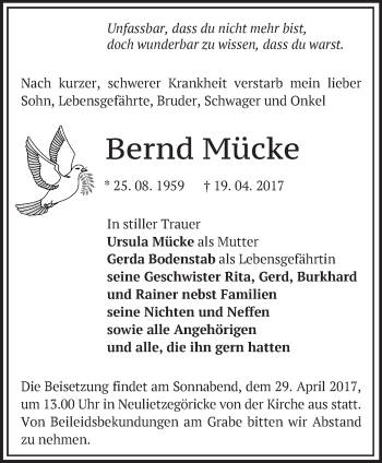 Traueranzeige von Bernd Mücke von Märkische Oderzeitung