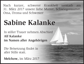 Traueranzeige von Sabine Kalanke von Märkische Oderzeitung