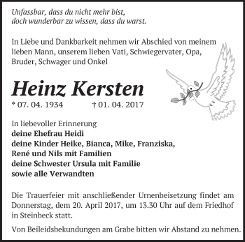 Traueranzeige von Heinz Kersten von Märkische Oderzeitung