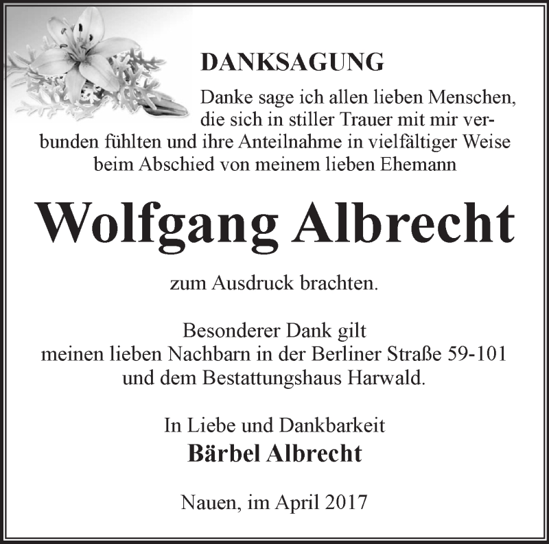  Traueranzeige für Wolfgang Albrecht vom 09.04.2017 aus Märkische Oderzeitung