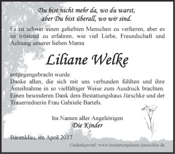 Traueranzeige von Liliane Welke von Märkische Oderzeitung