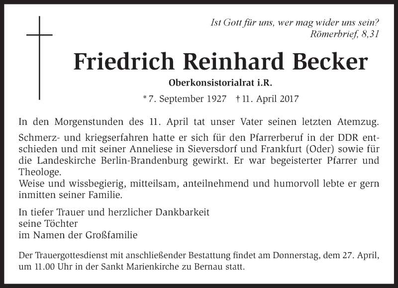  Traueranzeige für Friedrich Reinhard Becker vom 22.04.2017 aus Märkische Oderzeitung