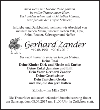 Traueranzeige von Gerhard Zander von Märkische Oderzeitung