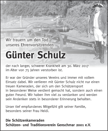 Traueranzeige von Günter Schulz von Märkische Oderzeitung