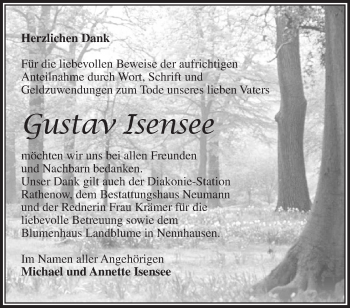 Traueranzeige von Gustav Isensee von Märkische Oderzeitung