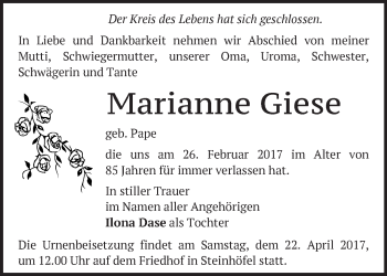 Traueranzeige von Marianne Giese von Märkische Oderzeitung