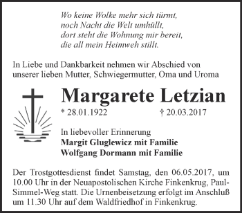 Traueranzeige von Margarete Letzian von Märkische Oderzeitung